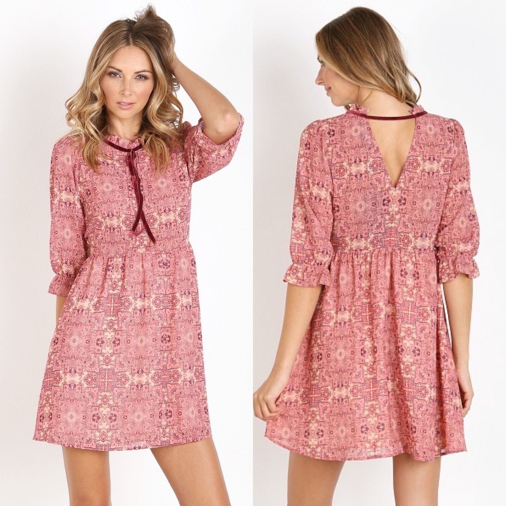 For Love & Lemons Geneva Babydoll Mini Dress Pink Medallion Velvet Bow XS